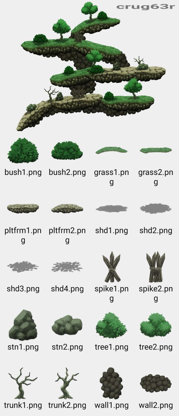 一个像素游戏2D平台游戏树木岩石素材资源