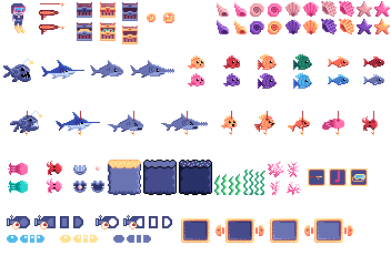 2D像素潜水、鱼类、鱼叉等水下游戏素材资产包