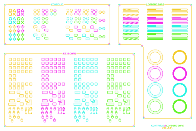 32*32的霓虹灯风格2D像素游戏UI素材资源包