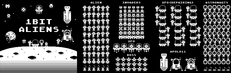 完整的1bit复古2D像素外星人游戏素材资产包