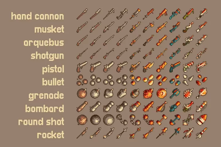 100个2D像素RPG游戏武器热兵器图标素材