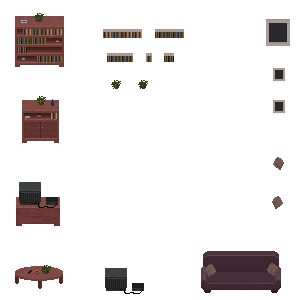 一组自上而下的2D像素游戏客厅家具素材资产