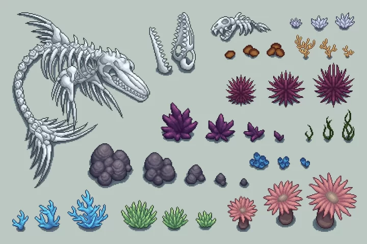 自上而下的2D像素游戏海底图块素材资产包