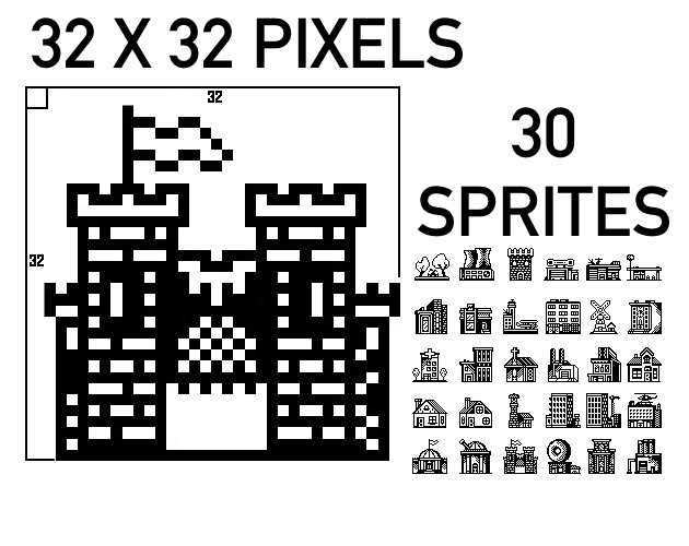 1bit的2D像素游戏城市建设建筑素材