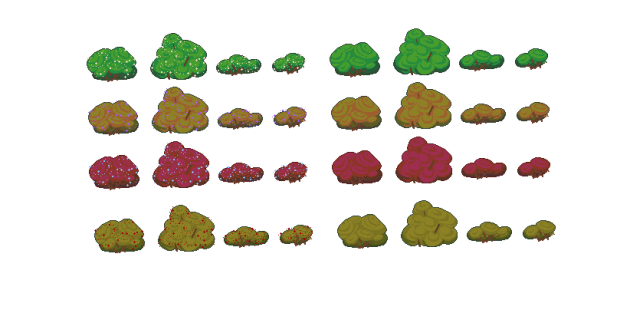 一组自上而下的2D像素树木和灌木丛素材