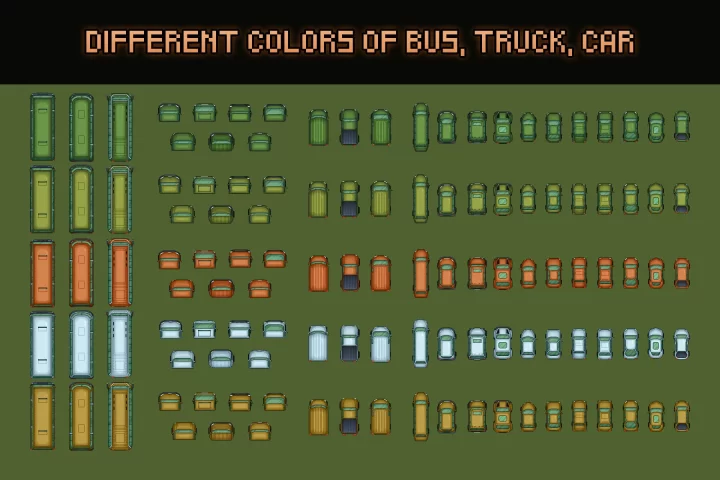 自上而下的像素游戏卡车和汽车资产素材