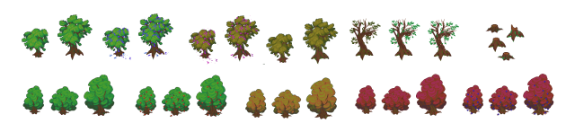 一组自上而下的2D像素树木和灌木丛素材