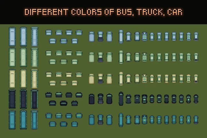 自上而下的像素游戏卡车和汽车资产素材