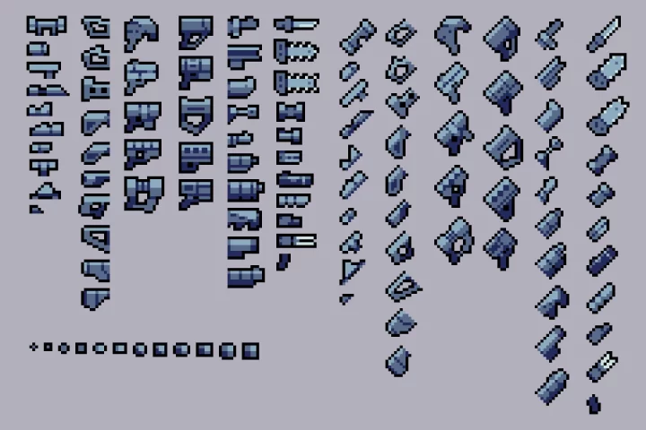 一组2D像素赛博朋克风格游戏武器枪械构造素材