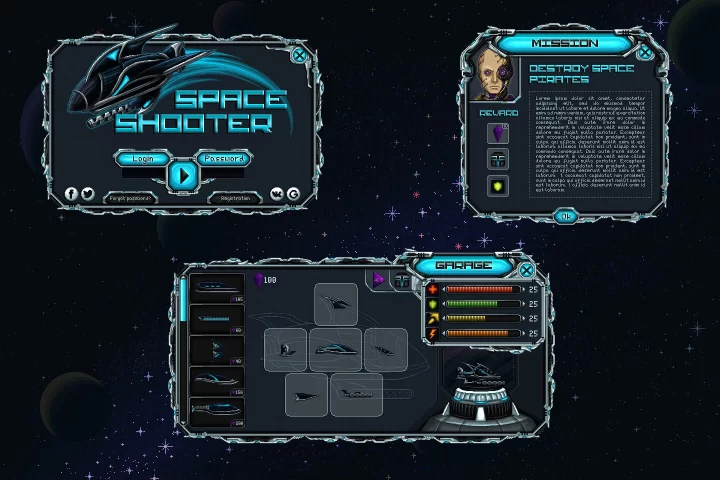 完整的2D像素科幻太空射击游戏图形用户界面GUI素材包