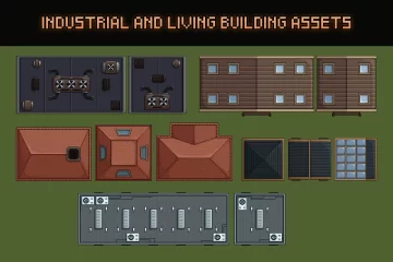 自上而下的像素游戏建筑房屋和物体素材