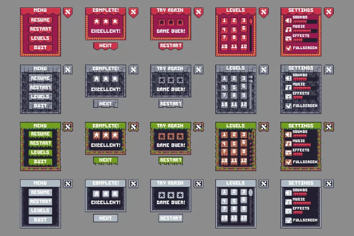 一套像素平台游戏图形用户界面GUI素材套装