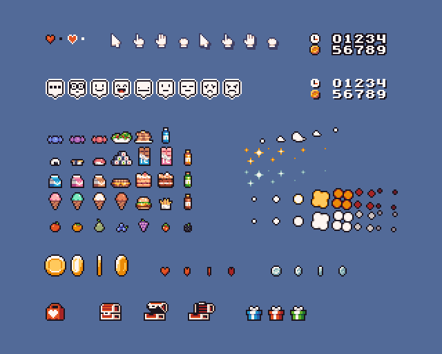 一组2D像素迷你特效、物品和用户界面UI资产素材