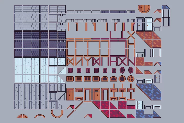 32*32的中世纪像素城镇房屋建筑素材