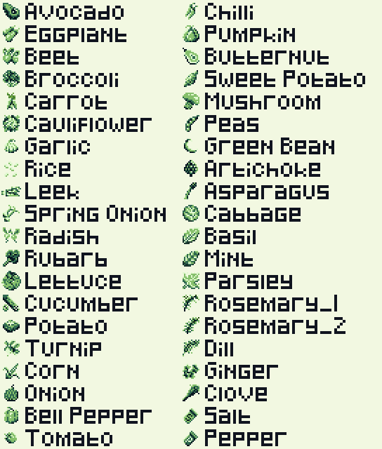16*16的GameBoy风格像素蔬菜图标素材