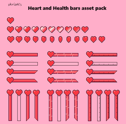 一组32*32的像素心形生命值和健康条资产素材