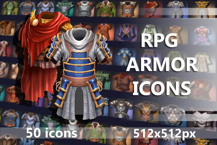 50个2D中世纪RPG游戏盔甲图标素材
