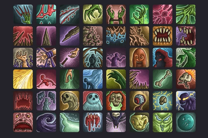 48个矢量2D RPG游戏魔法诅咒技能图标素材