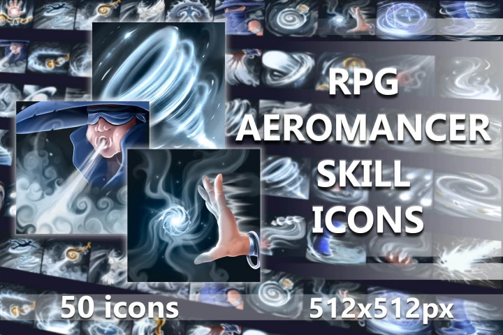 50个免费的2D RPG游戏空气魔法师技能图标素材