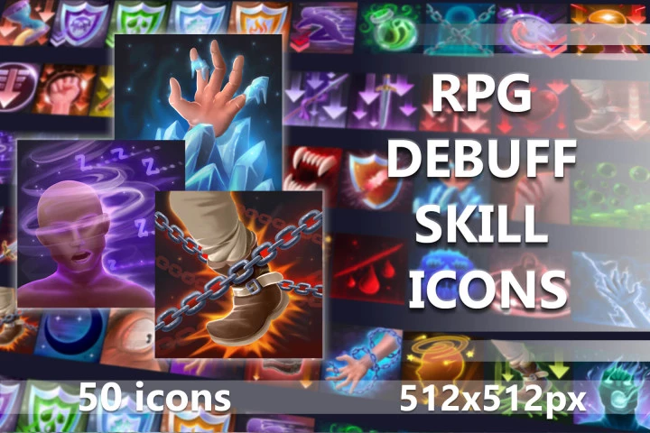 50个2D RPG游戏减益DEBUFF技能图标素材