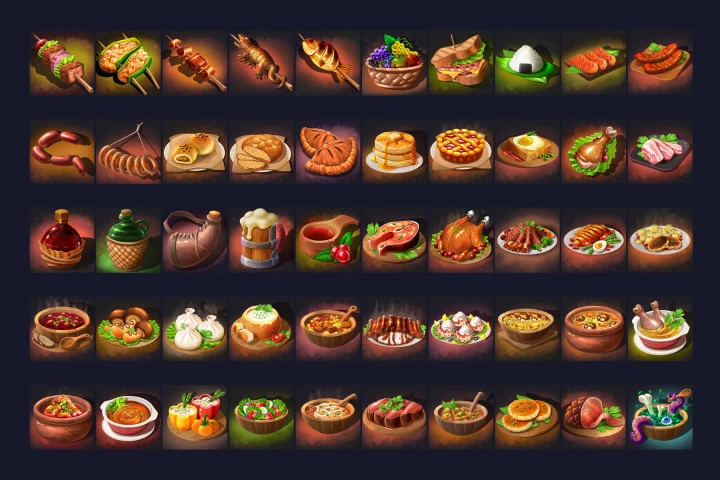 50个2D RPG游戏食物图标素材