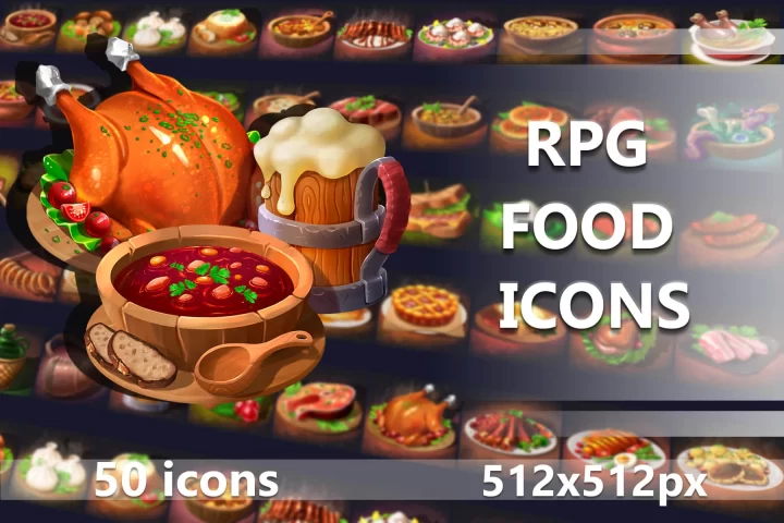 50个2D RPG游戏食物图标素材