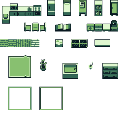 自上而下的Gameboy风格像素房屋内部资产素材