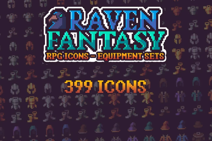 399个中世纪像素RPG游戏装备套装图标素材