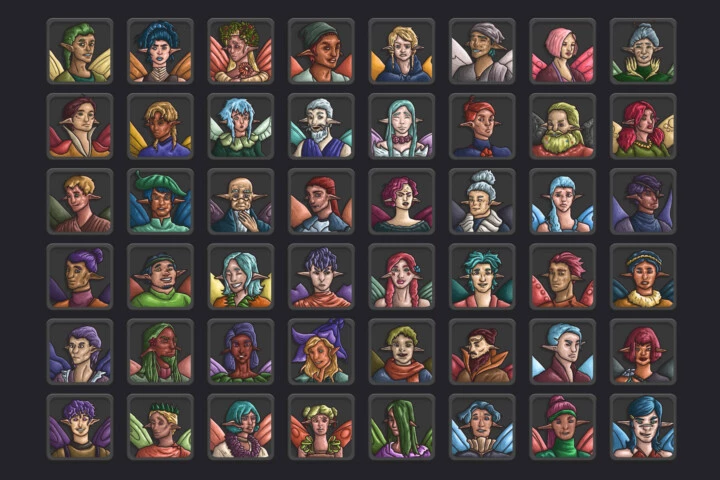 48个矢量2D RPG游戏小仙女头像图标素材