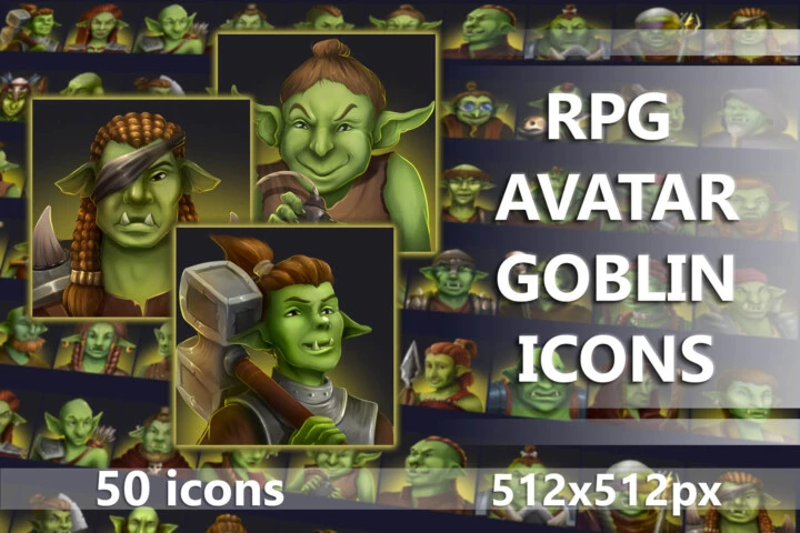 50个精美的2D RPG游戏哥布林地精头像图标素材