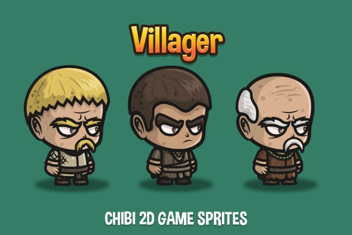 3个矢量卡通大头2D村民角色动画素材