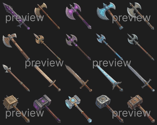 20个奇幻风格的2D双手武器图标素材