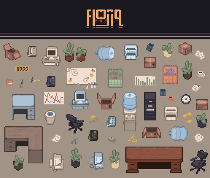 自上而下的像素现代办公室家具素材