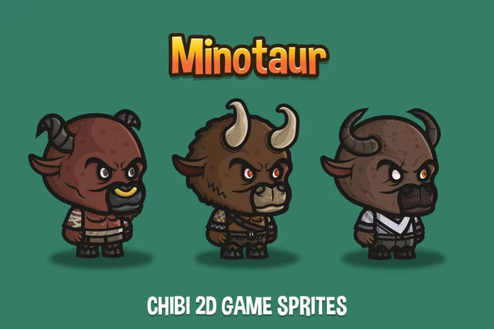 3个Q版卡通矢量2D牛头人怪物动画素材