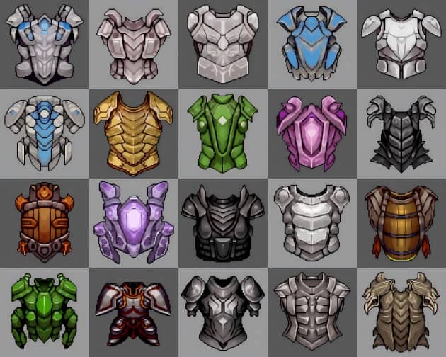 25个AI辅助生成的像素RPG游戏护甲图标素材