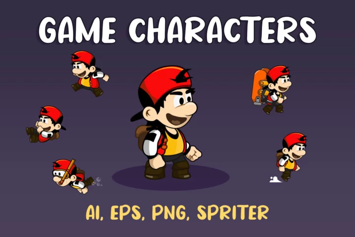 可爱的矢量2D平台游戏红帽男孩人物动画素材