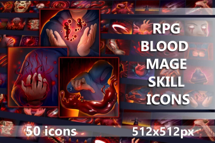 50个高分辨率2D血法师职业技能图标素材
