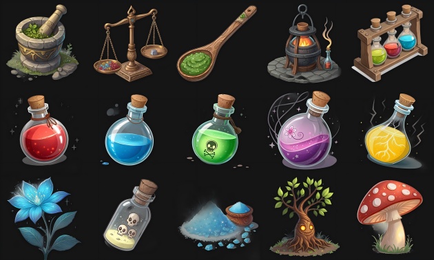 15个手绘的高质量2D奇幻炼金术药水、原料和工具图标素材