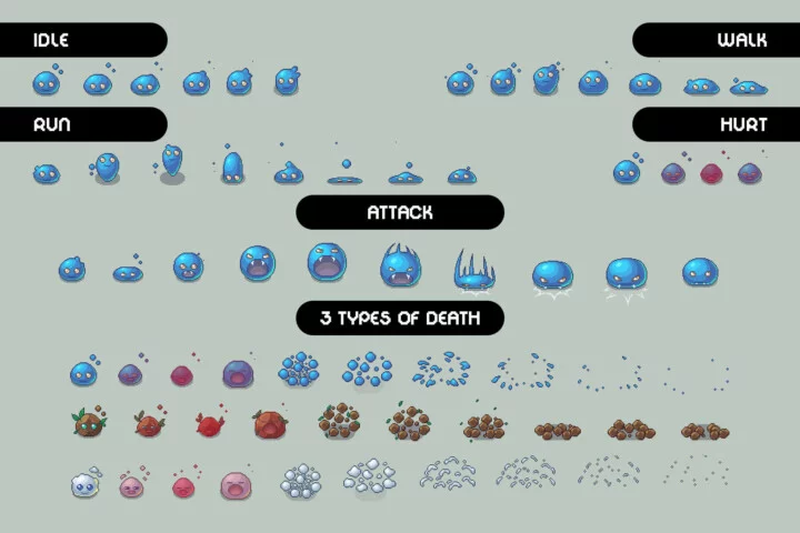 3个自上而下的像素Roguelike游戏史莱姆BOSS动画素材