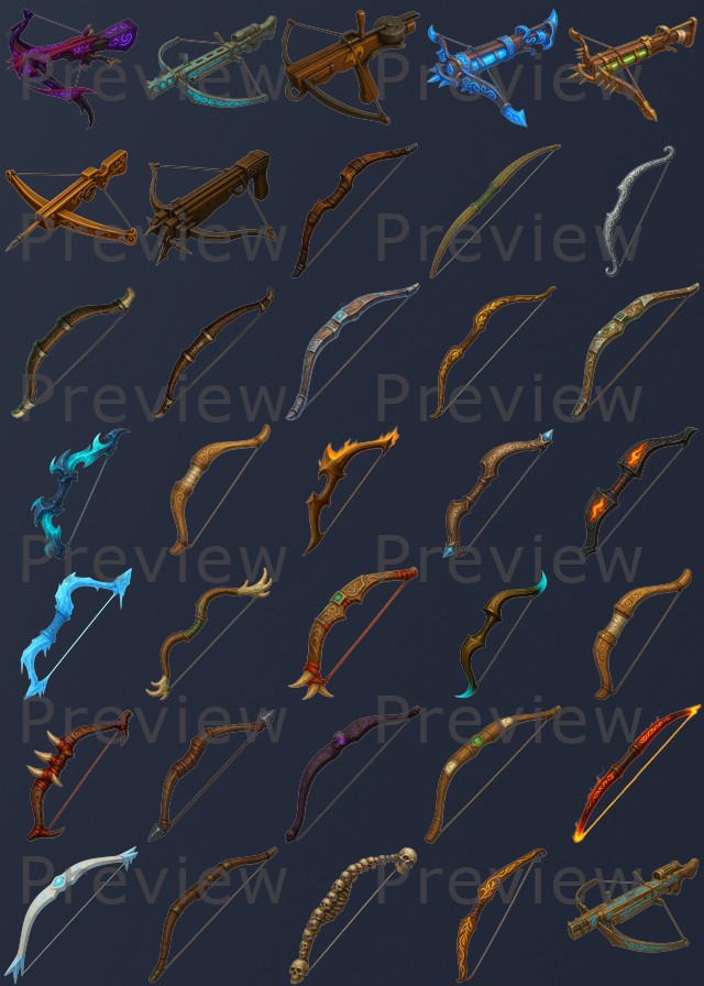 35个奇幻风格2D武器弓和弩图标