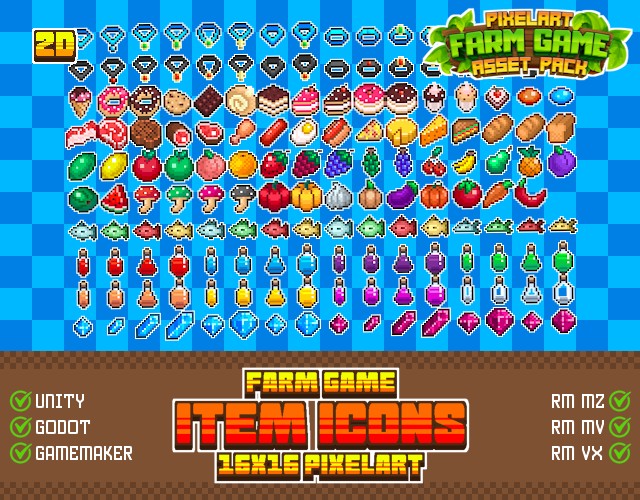 1300+的16*16像素农场游戏物品图标素材
