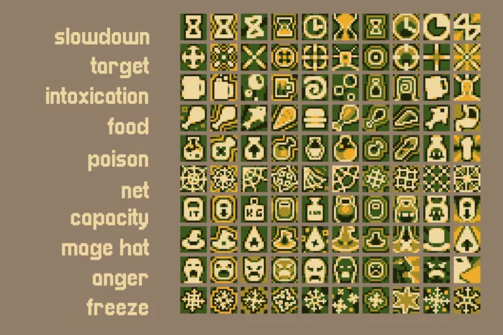 100个16*16的中世纪像素RPG游戏技能增益和减益效果图标素材