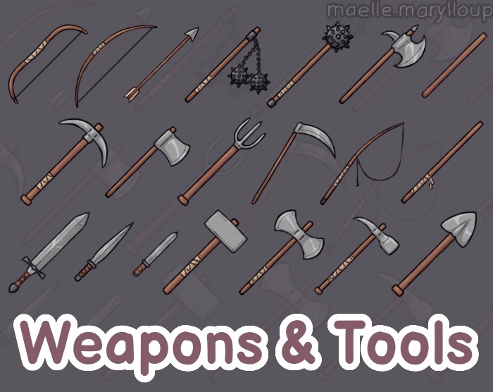 20个免费的手绘2D武器和工具图标素材