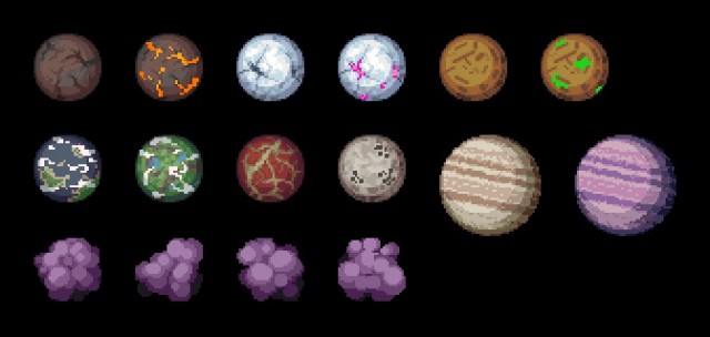 精美的未来主义像素科幻行星、恒星和太空废物素材