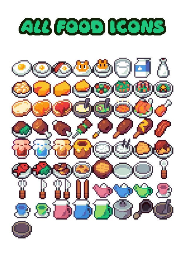 65个像素游戏食物和餐具图标素材