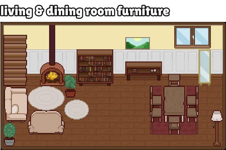 16*16的像素客厅和厨房室内家具和装饰资产素材