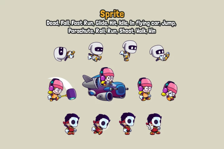 3个可爱的卡通矢量2D平台游戏动画角色素材