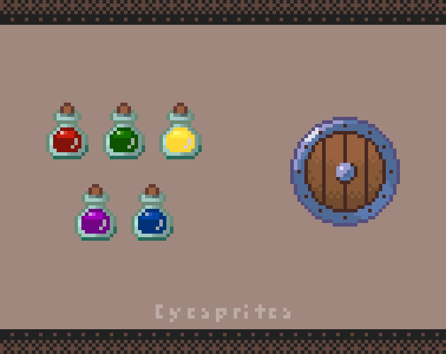 复古的像素剑、魔药与盾牌游戏资产素材