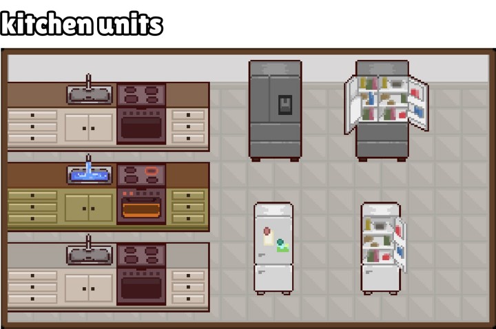 16*16的像素客厅和厨房室内家具和装饰资产素材