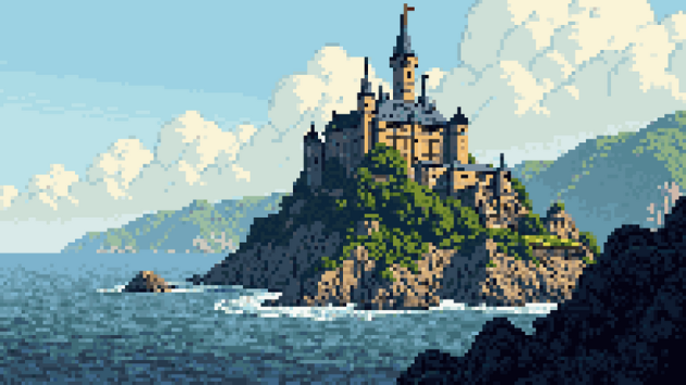 免费静态横向卷轴像素海岸堡垒背景图片素材